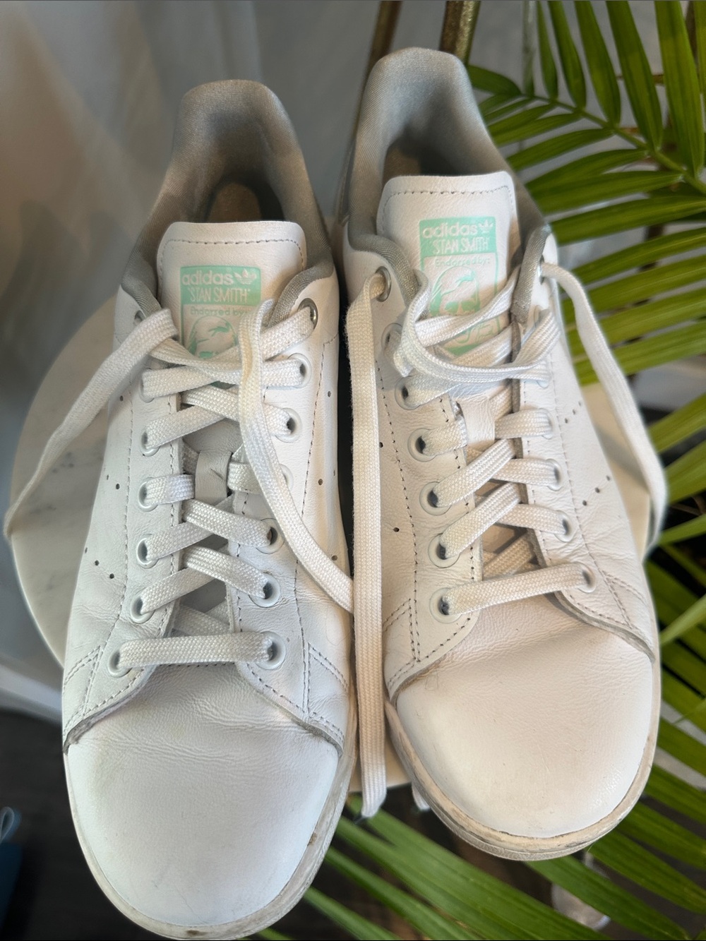 adidas women’s  White Sneakers with Mint Tongue Detail, Metallic back.